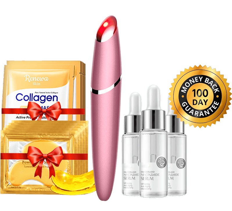Renewa iLift Best Value bundle: red-light device, three niacinamide serums, collagen masks, eye masks with gift ribbon, and 100-day money-back badge